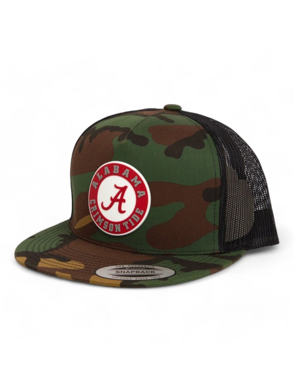 Alabama Crimson Tide Snapback Flat Bill Trucker Hat- Green Camo/ Black
